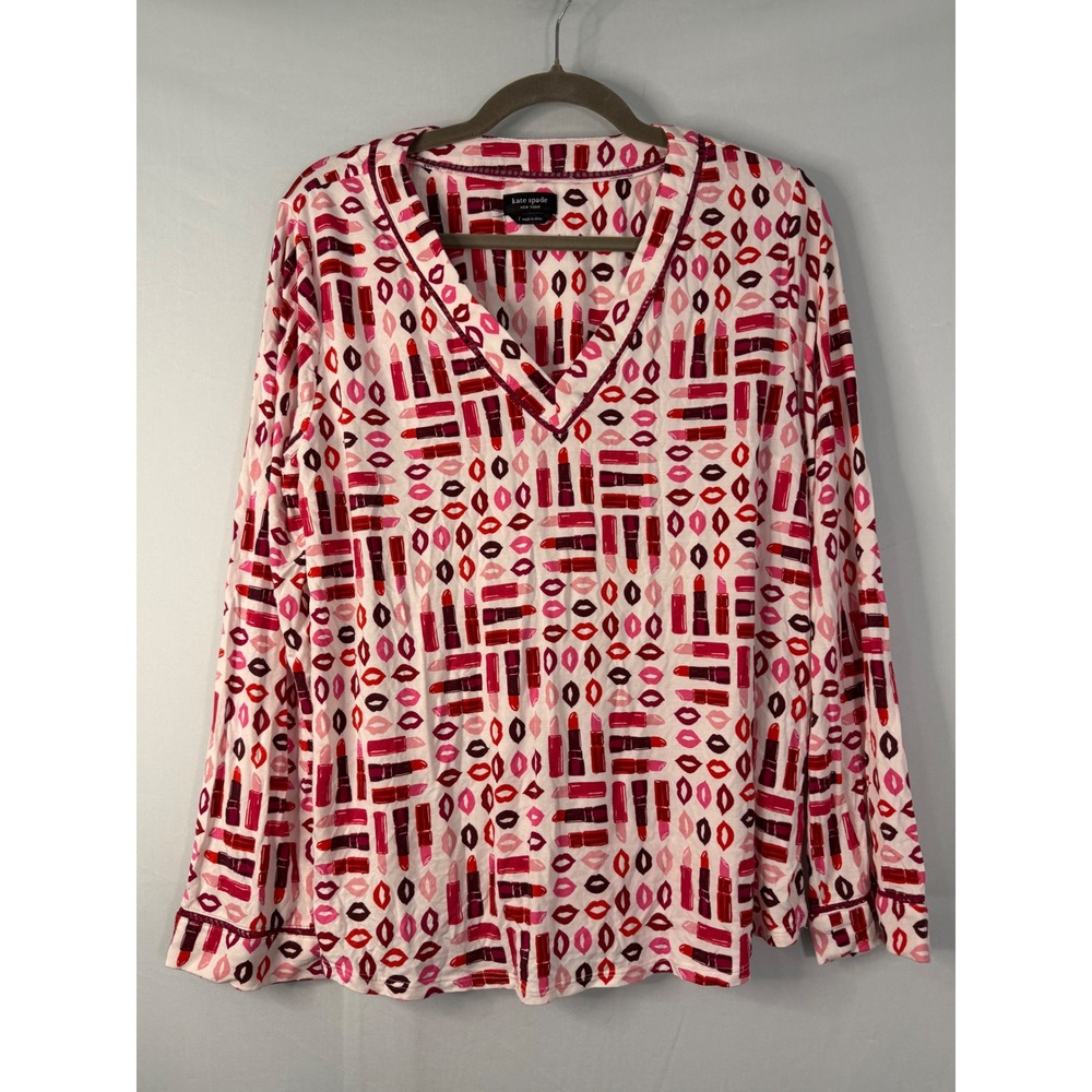 Kate Spade Pajama Top Womens‎ Large White Pink Red Lipstick Lip Print V-Neck LS